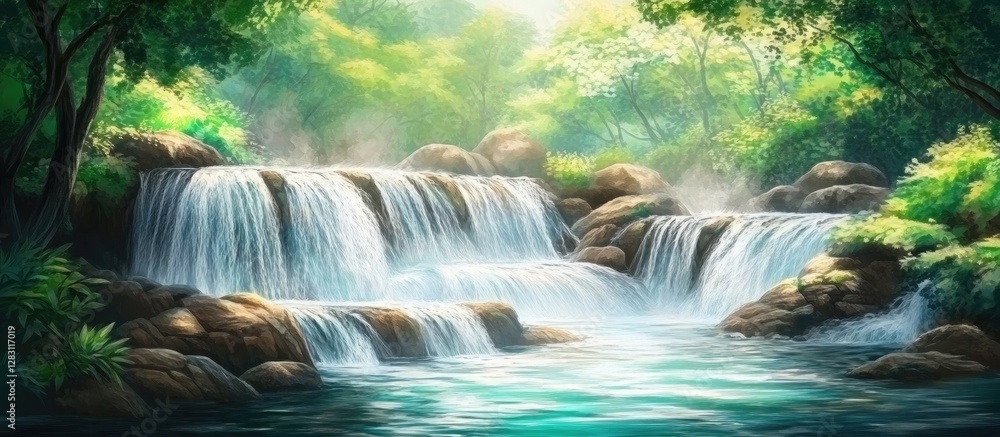 Poster serene cascading river flows over rocky surfaces surrounded by lush green foliage and vibrant trees 