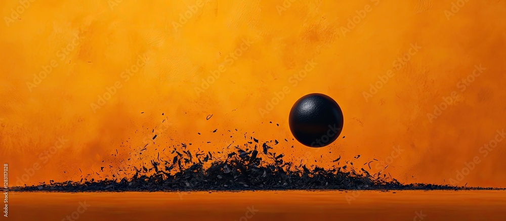 Leinwandbilder black spherical object hovering above a mound of fine black particles against a vibrant orange backg