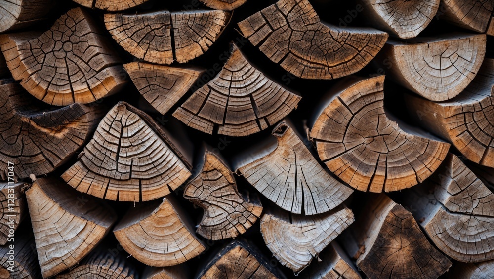 Poster close-up of neatly stacked firewood logs with visible wood grains and textured patterns