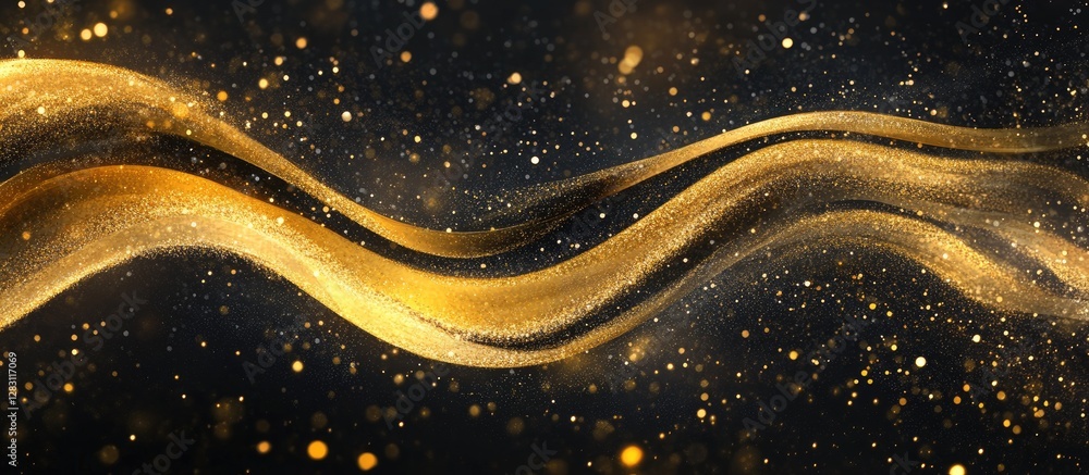 Fototapete elegant abstract gold wave design flowing across a dark background filled with shimmering particles 
