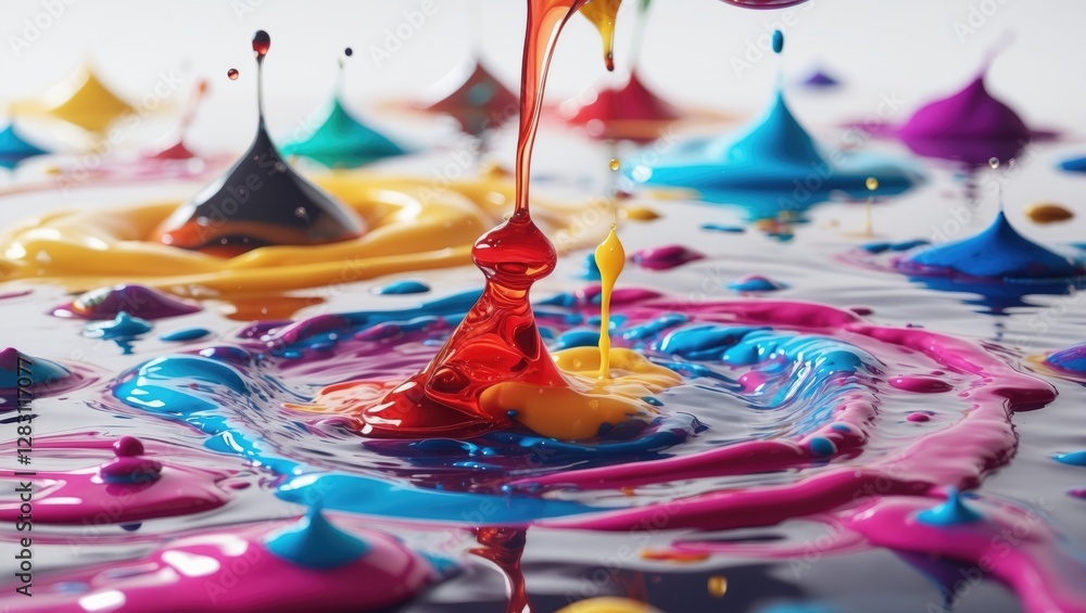 Poster colorful paint droplets splashing in fluid forming vibrant patterns on surface with reflections and 