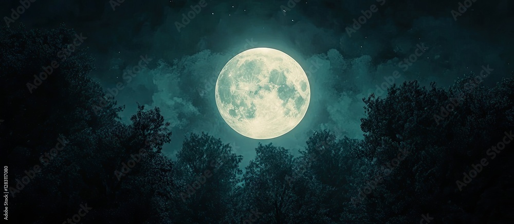 Poster Full moon illuminating dense shadowy forest under a dark sky with hints of clouds, creating a breathtaking contrast in the night scenery