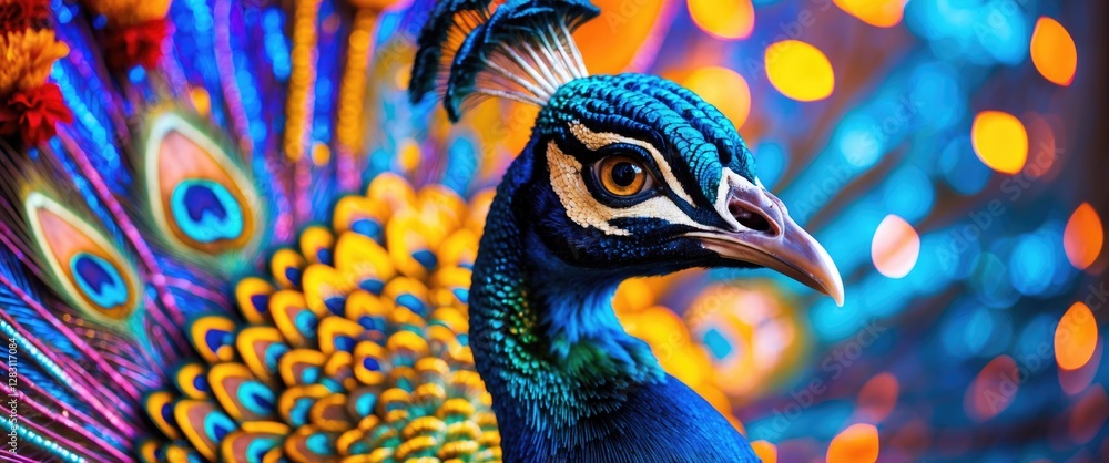 Poster vibrant close-up of a peacock with detailed feathers and colorful bokeh background showcasing vivid 