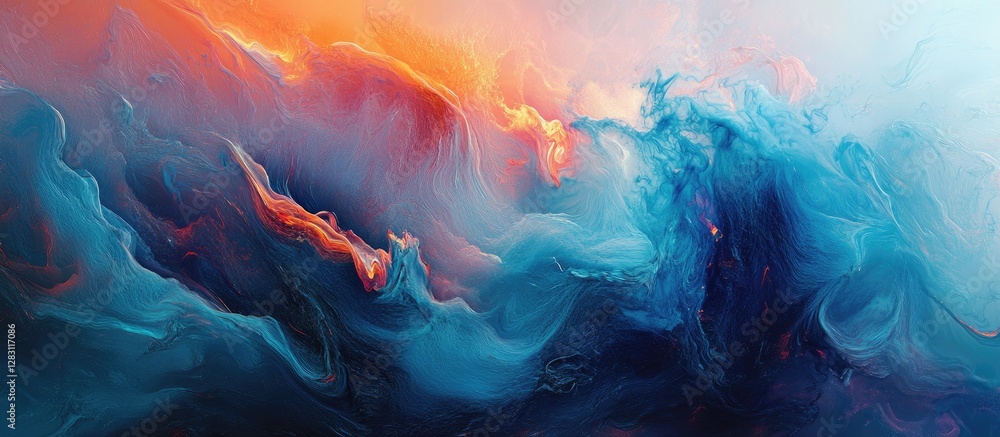 Poster vibrant abstract waves in blue and orange hues flow dynamically, depicting innovative technology and