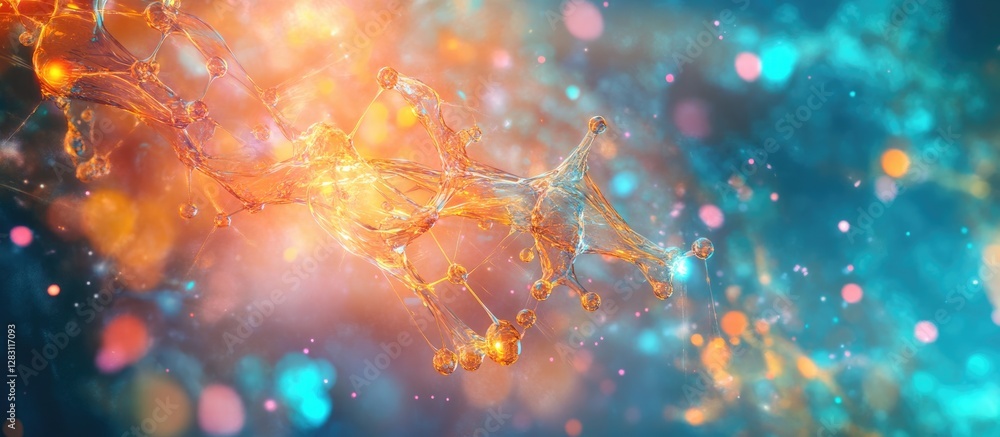 Poster Abstract holographic DNA structure in vibrant orange and turquoise colors, set against a blurred cosmic background with colorful bokeh lights.