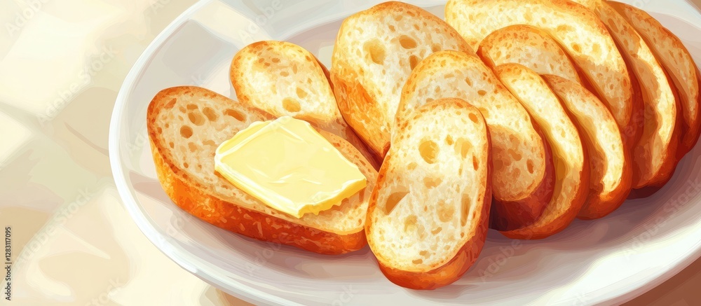 Poster Golden toasted bread slices arranged on a white plate with a pat of butter on top, warm tones and soft shadows creating a cozy atmosphere.