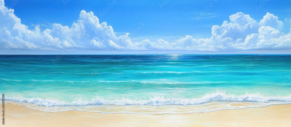 Poster serene beach landscape with turquoise waves gently lapping on sandy shore under a clear blue sky wit