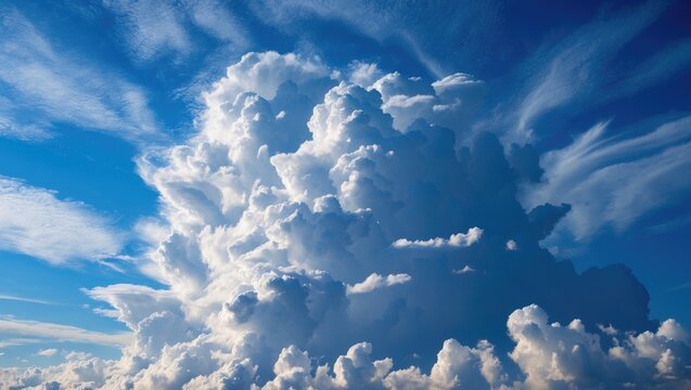 Dramatic cumulus clouds against a clear blue sky filling the upper half of the frame with intricate textures and shadows