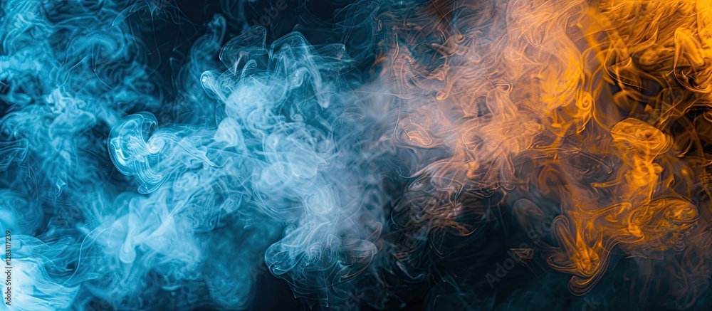 Poster vibrant blue and orange steam swirling with white wisps on a dark background creating ample copy spa