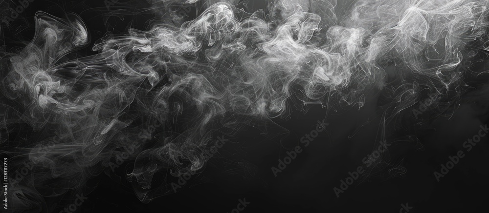 Poster abstract swirling smoke texture in shades of gray and white on a deep black background with ample co
