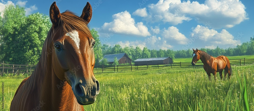 Poster realistic scene of two horses in a lush green field under a bright blue sky with scattered clouds, o