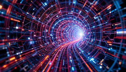Obraz premium Abstract 3D wire cable tunnel, intricate design, glowing technology theme, immersive perspective, radiant colors