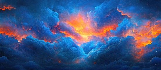 Fototapeta premium Dramatic sunset sky with vibrant blues and fiery oranges blending among fluffy clouds creating an abstract nature background depicting beauty