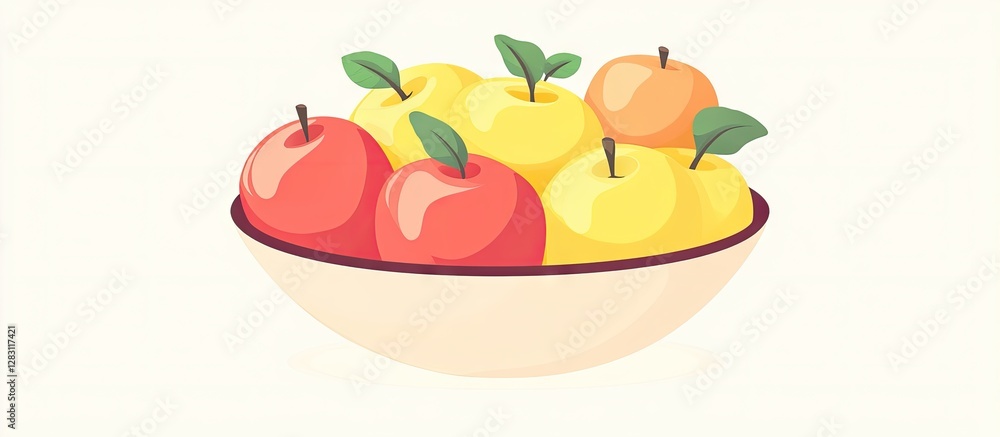 Poster fresh minimalist bowl of colorful apples featuring red and yellow varieties with green leaves on a l