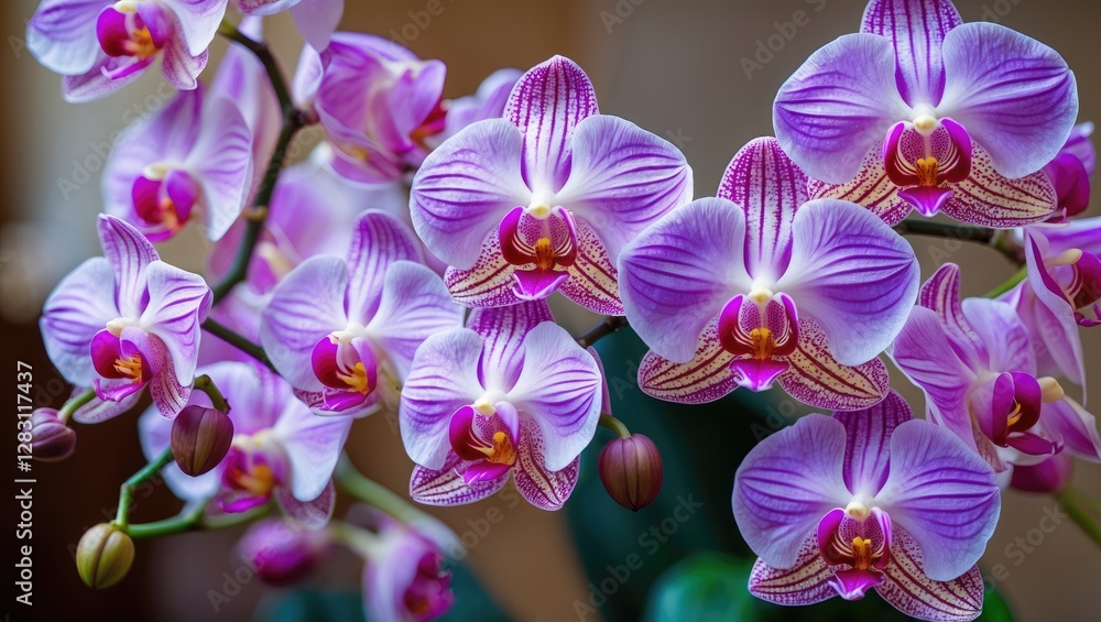 Poster pink orchids in full bloom with intricate patterns against a soft background showcasing their vibran