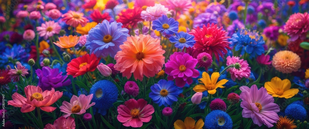 Poster vibrant field of colorful flowers in various shapes and sizes under soft lighting with a harmonious 