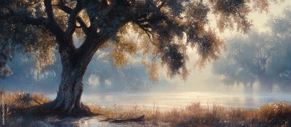 Poster morning sunlight filters through an ancient tree with lush green foliage, casting soft shadows over 