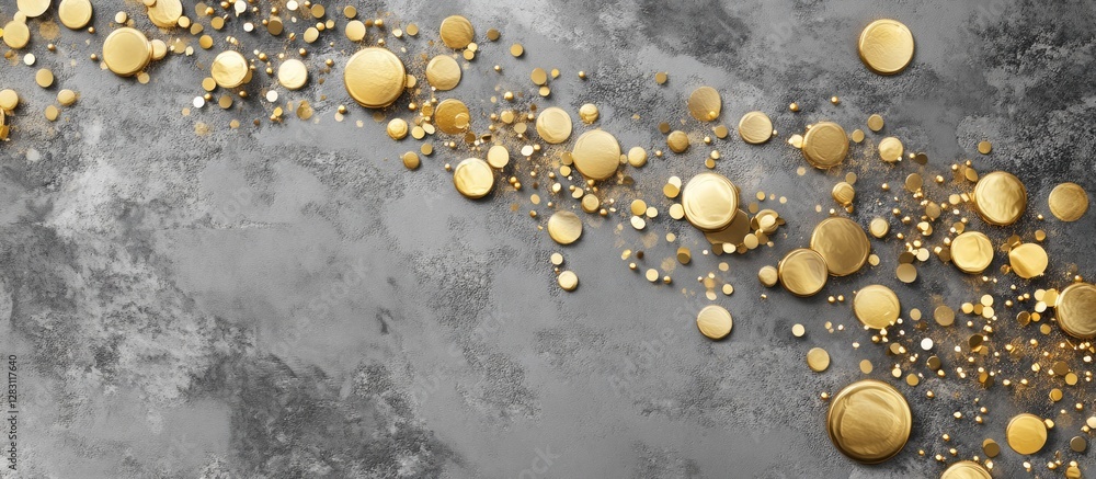 Aufkleber horizontal banner with scattered golden confetti circles on a textured gray background creating an e