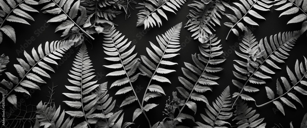 Poster black and white composition of various fern leaves arranged on a dark background for botanical desig
