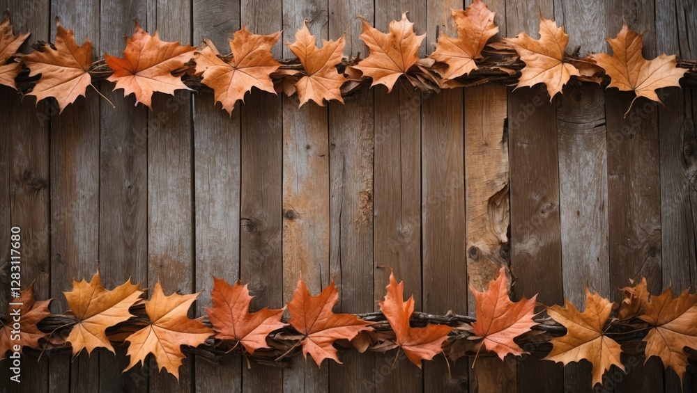 Aufkleber autumn leaves arranged on wooden background creating a natural rustic frame with warm orange tones a