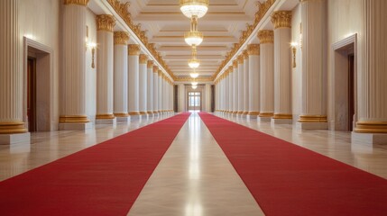 A legislative hall with red carpet flooring and gold trimmings. Featuring grandeur and formality