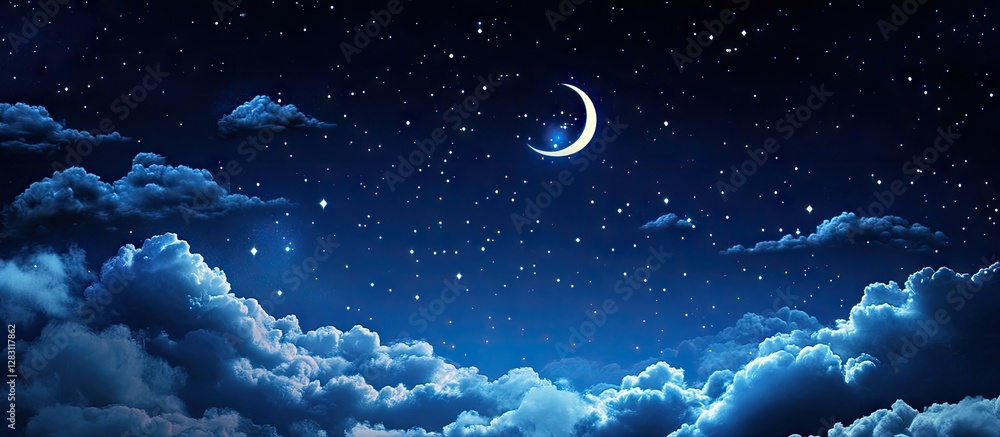 Poster serene night sky with deep blue background featuring a crescent moon and twinkling stars above soft 