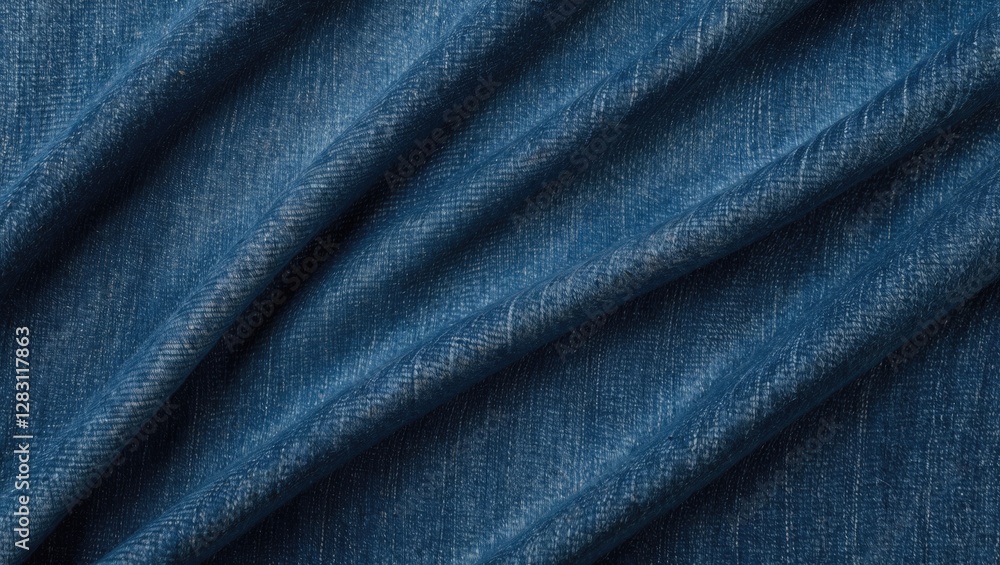 Poster dark blue denim fabric with texture folds and shadows showcasing intricate weave patterns close up.