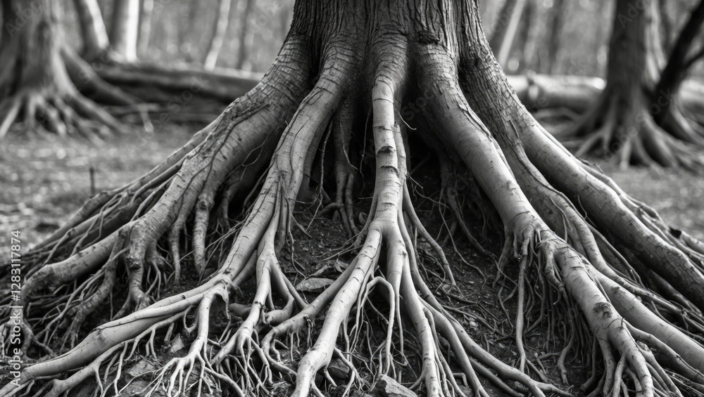 Aufkleber tree roots in black and white with intricate details and textures revealing the natural patterns of 