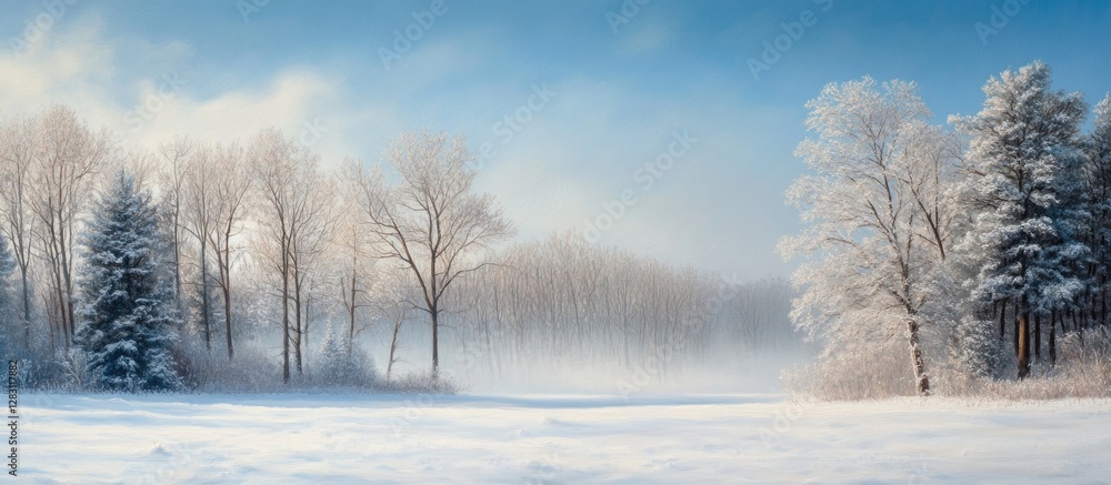 Poster snowy winter forest landscape with white trees on the left and misty background under a serene blue 