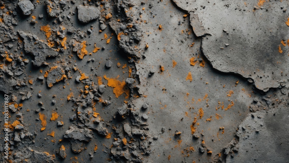 Poster detailed close-up view of weathered concrete surface with rough texture and orange rust spots on a g