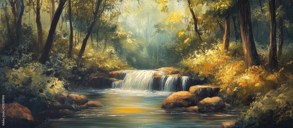 Poster serene tropical forest landscape with a gentle stream cascading over rocks, vibrant greenery and dap