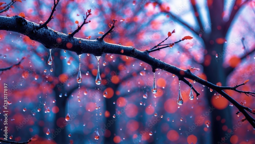 Poster close-up of wet tree branch with raindrops and blurred red foliage background in autumn scene.