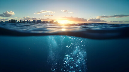Underwater View Of City Skyline And Sunset With Bubbles And Blue Water