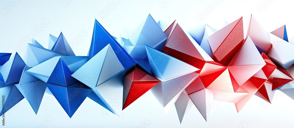 Aufkleber dynamic arrangement of blue and red tetrahedrons against a white background, creating a visually str