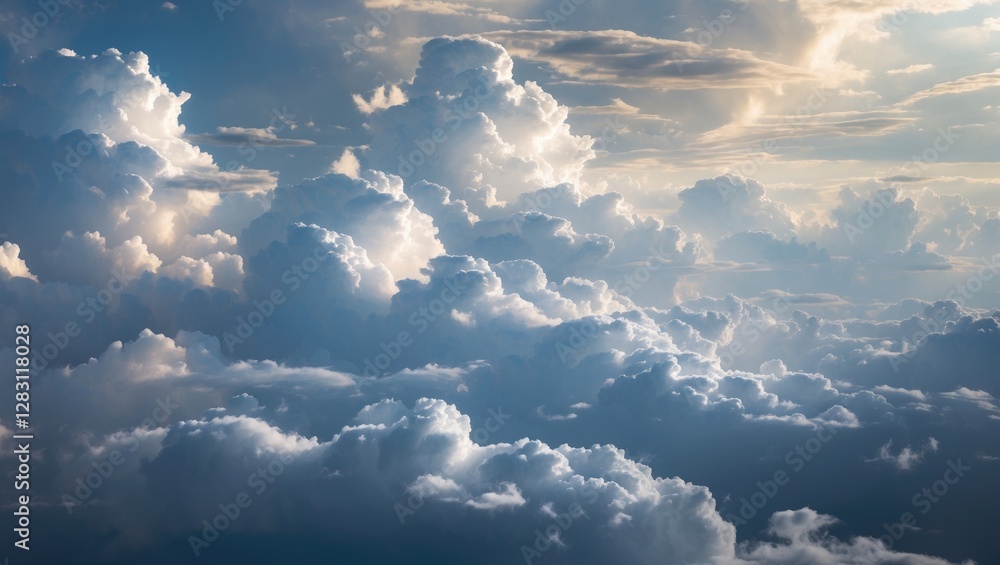 Poster cloudscape with soft white clouds illuminated by sunlight against a blue sky conveying a sense of tr
