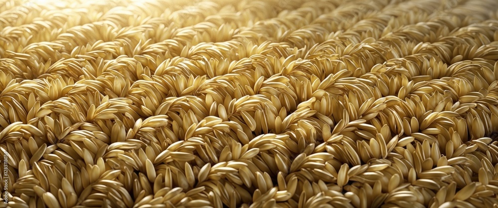 Poster close-up texture of golden wheat grains arranged in a pattern illuminated by soft light suitable for