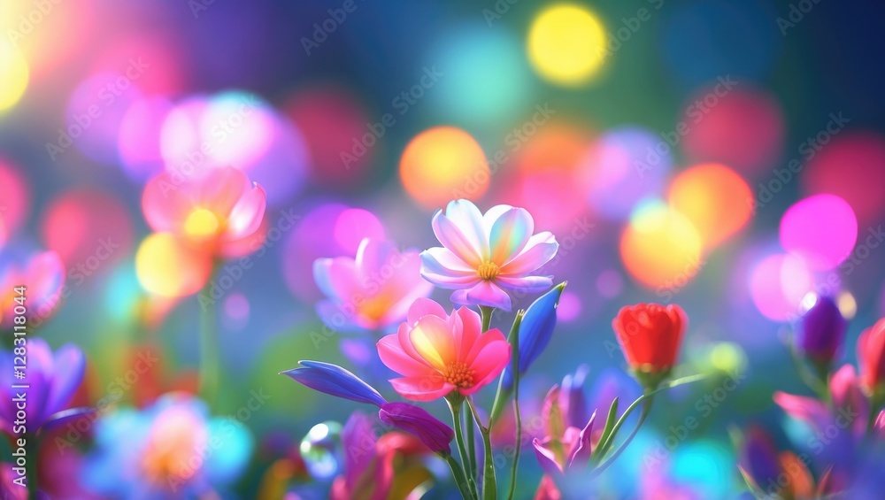 Poster colorful blooming flowers with bokeh background creating a vibrant springtime atmosphere in soft foc