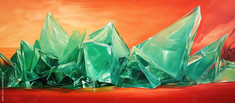 Poster vibrant abstract landscape featuring sharp green crystal-like formations against a warm orange gradi