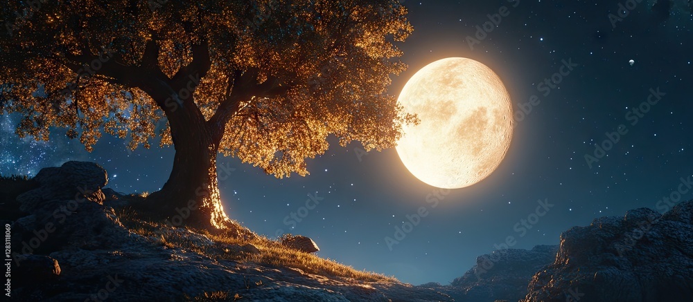 Aufkleber Majestic illuminated tree under a large full moon casts shadows over a small planet with a starry night sky in the background.