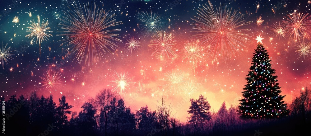 Poster vibrant fireworks bursting in colorful hues above silhouetted trees with a decorated christmas tree 