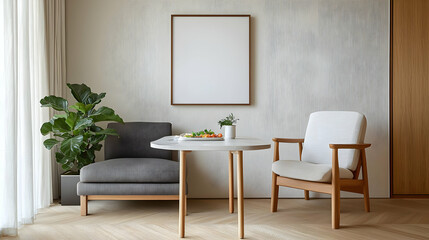 Interior design with white wall empty frame mid century modern furniture and large leafy plant