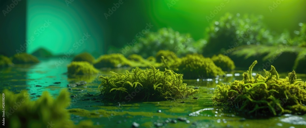 Poster lush green moss and foliage in water with soft lighting and a blurred background creating a serene n