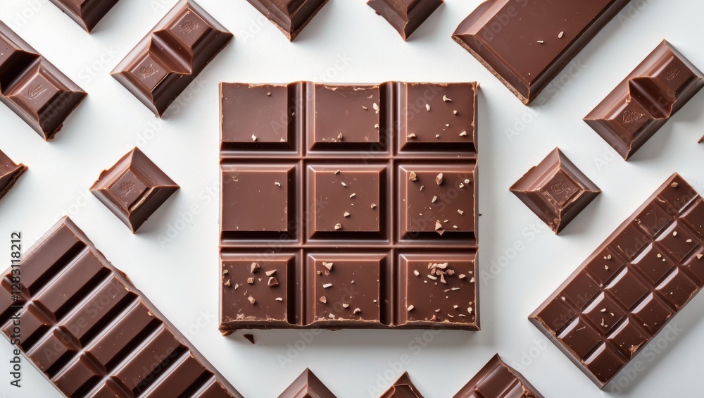 Poster chocolate bar pieces arranged on white background with one large bar in center and smaller broken pi