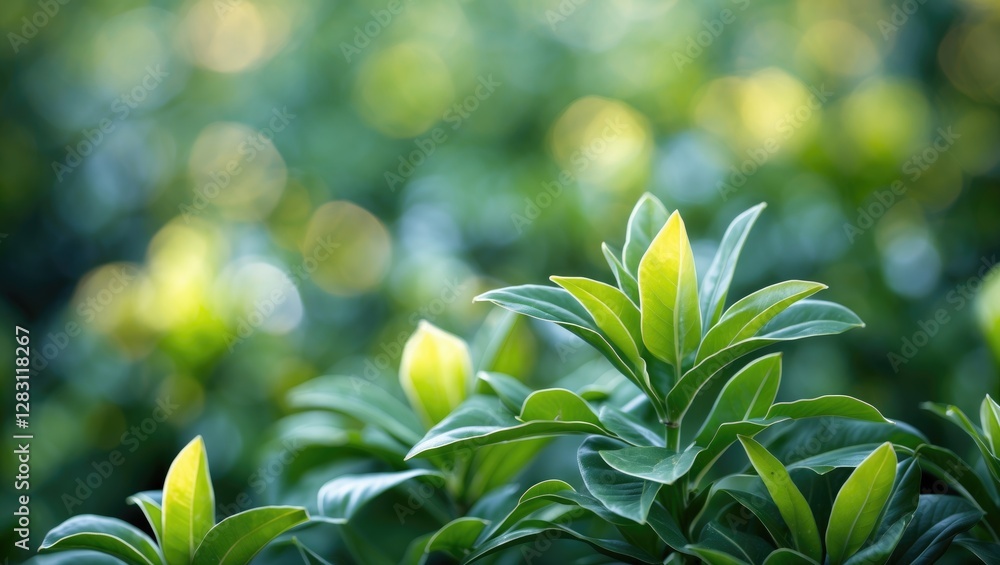 Poster green leaves with soft focus background and bokeh effect in a natural garden setting during daytime
