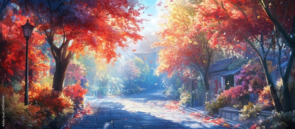 Poster Romantic autumn alley in a park with vibrant red and orange trees illuminated by soft sunlight creating a serene nature background