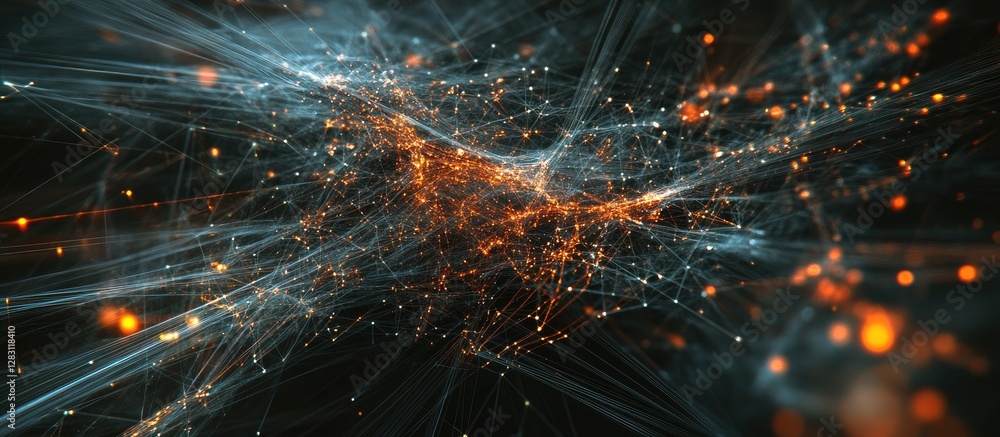 Poster dynamic abstract visualization of interconnected networks in shades of blue, orange, and silver, ill