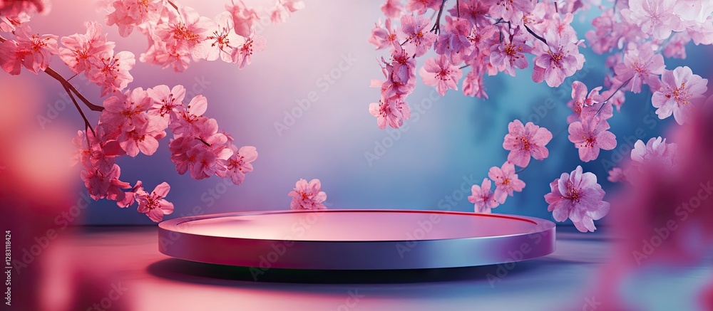 Poster elegant circular display platform surrounded by soft pink cherry blossom branches, set against a gra