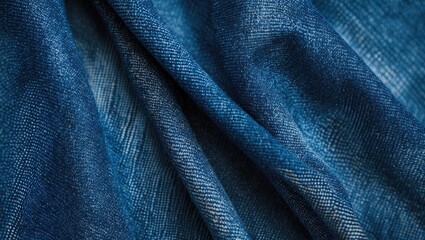 Blue denim fabric close up with textured folds and patterns in natural light