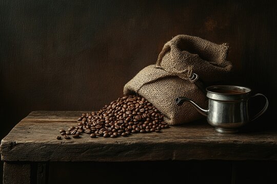 Rustic coffee beans spilled from burlap sack on wooden table; vintage coffee pot in background