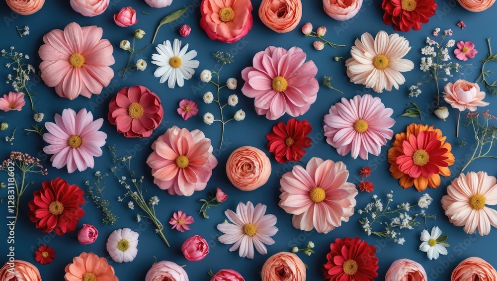 Poster colorful array of various flowers arranged on a blue background showcasing different shapes and size